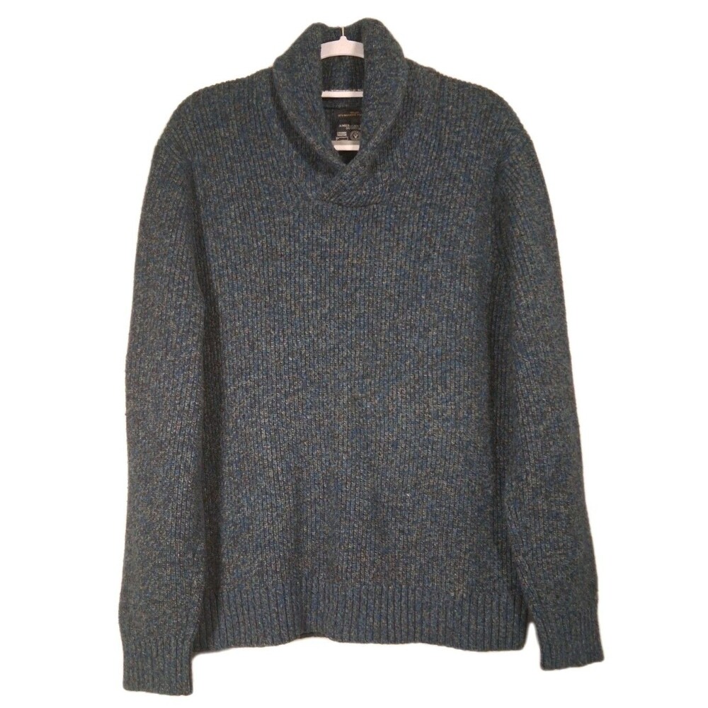 American Eagle Sweater Mens XL Blue Athletic Fit Shawl Collar Cowichan Wool
